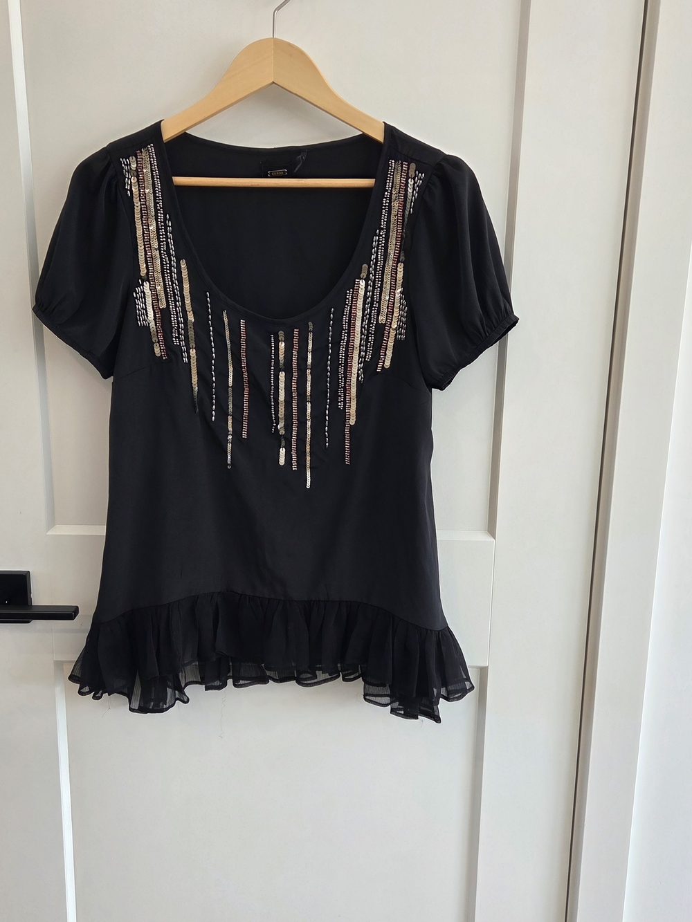 Women’s Black Beaded Scoop Neck Top with Ruffle Hem